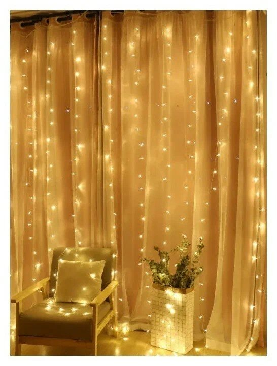 фото Гирлянда штора, гирлянда штора на окно, гирлянда занавес светодиодная, теплый белый, 1.5х1.5 м, прозрачный провод, контроллер