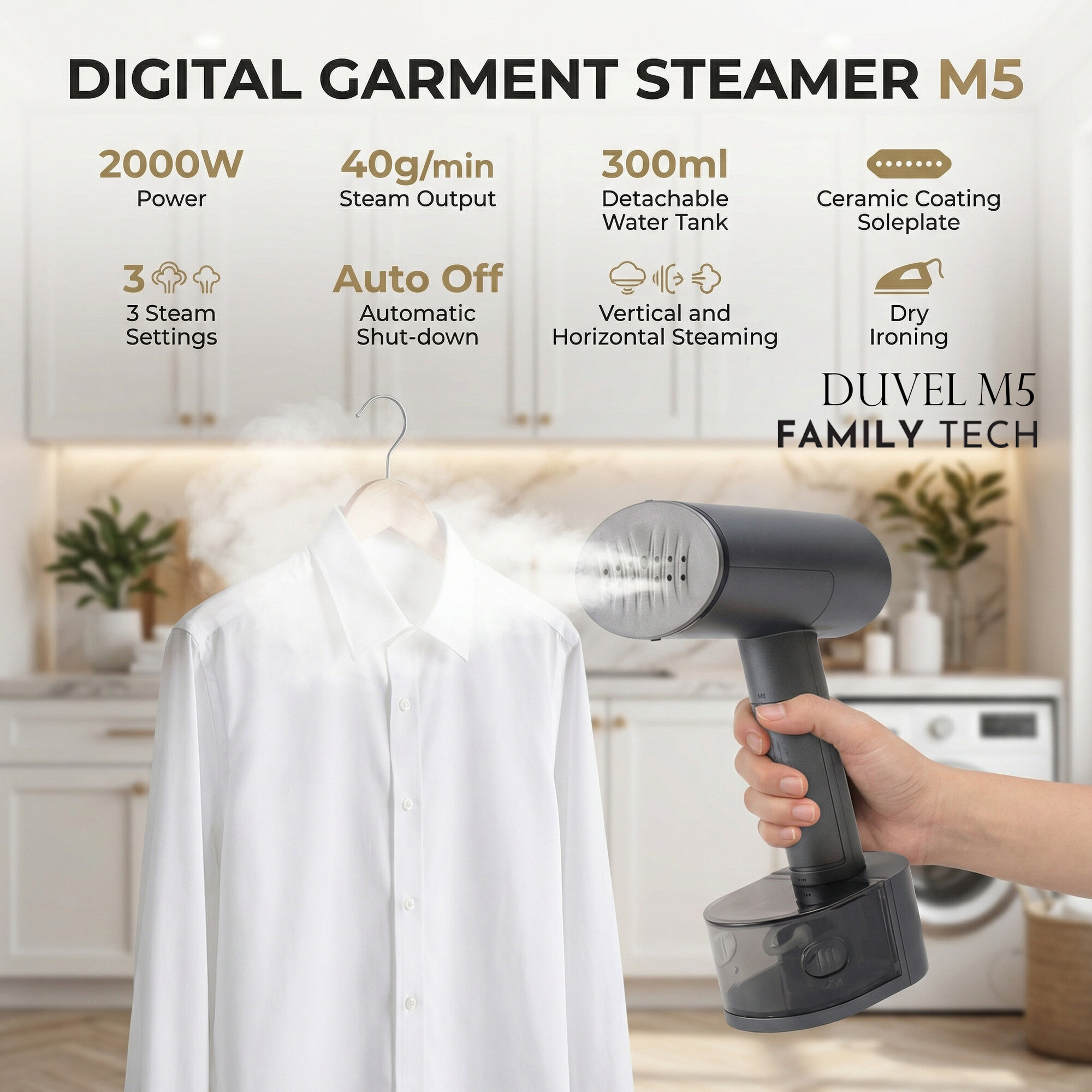 Портативный ручной пароочиститель DUVEL M5 Отпариватель Savdo, ручная конструкция, 1200Вт, 3бар, подача пара 15г/мин