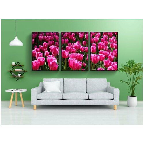 фото Набор модулных постеров для интерьера "тюльпаны, поле, розовый" 60x90 см. в тубусе, без рамки lotsprints