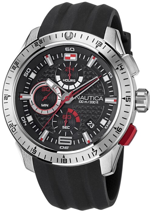 Наручные часы NAUTICA Chrono Часы наручные Nautica NAPNSF109 мужские, кварцевые, секундомер, хронограф, водонепроницаемые, подсветка стрелок, черный