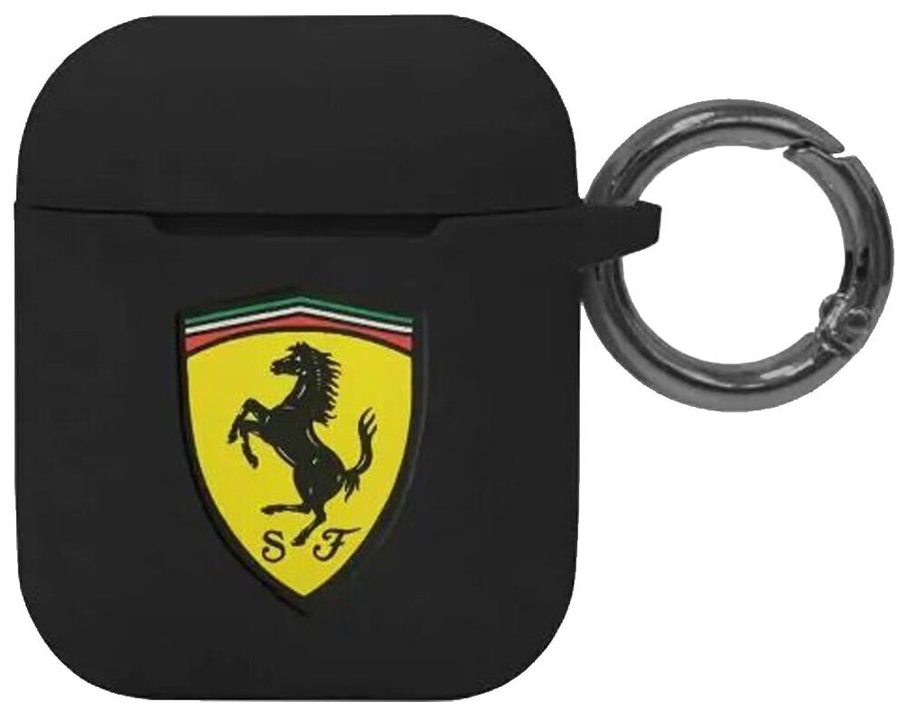 Чехол Ferrari Silicone case with ring с карабином для Airpods 1/2 чёрный