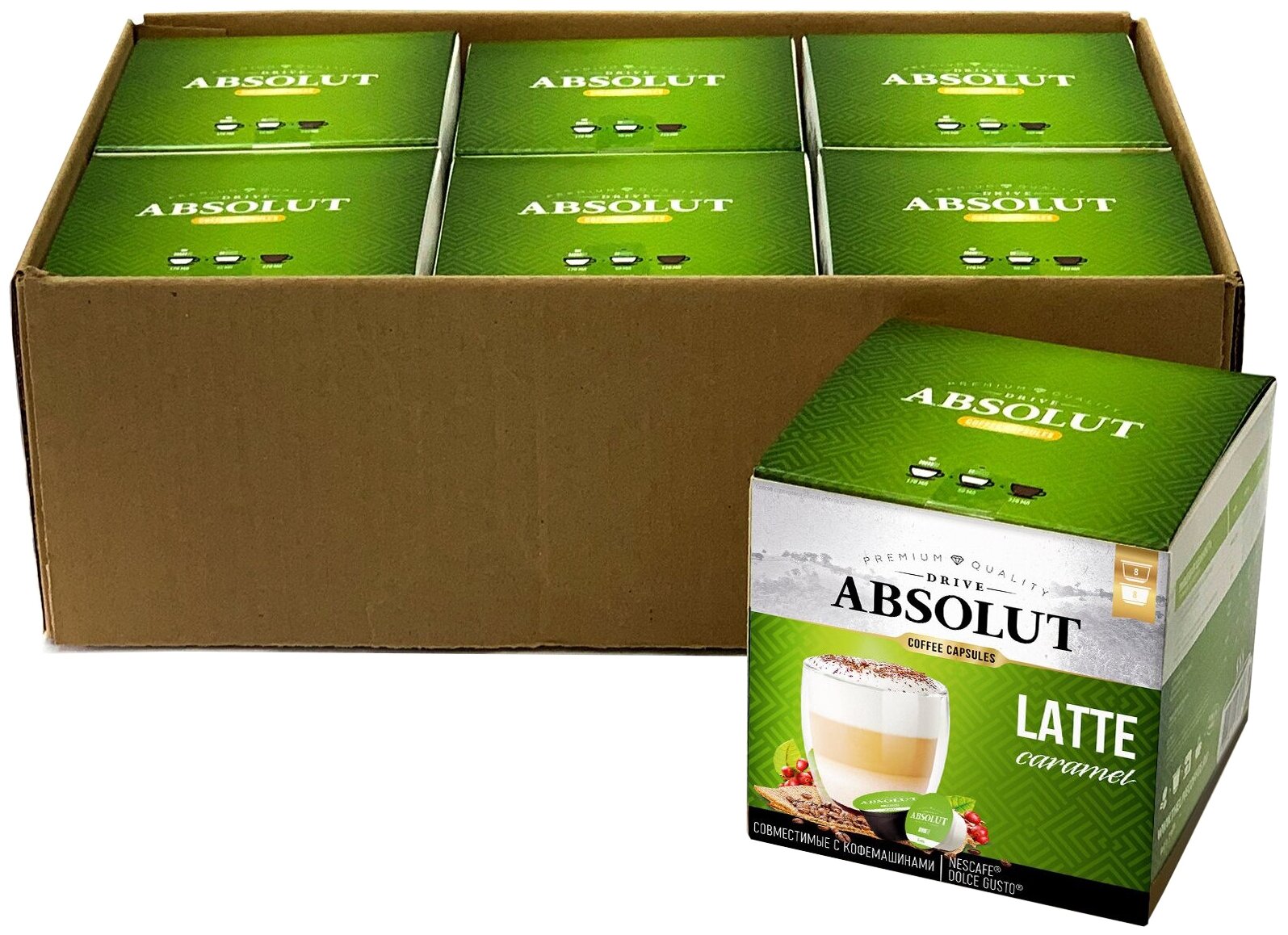 Кофе Absolut Drive Латте Маккиато, в капсулах для кофемашины Дольче Густо (Dolce Gusto) 6 коробок по 16 капсул (96 капсул)