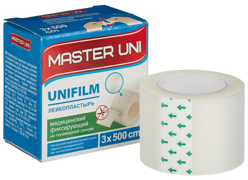 Master Uni UNIFILM лейкопластырь фиксирующий на полимерной основе, 3х500 см прозрачный