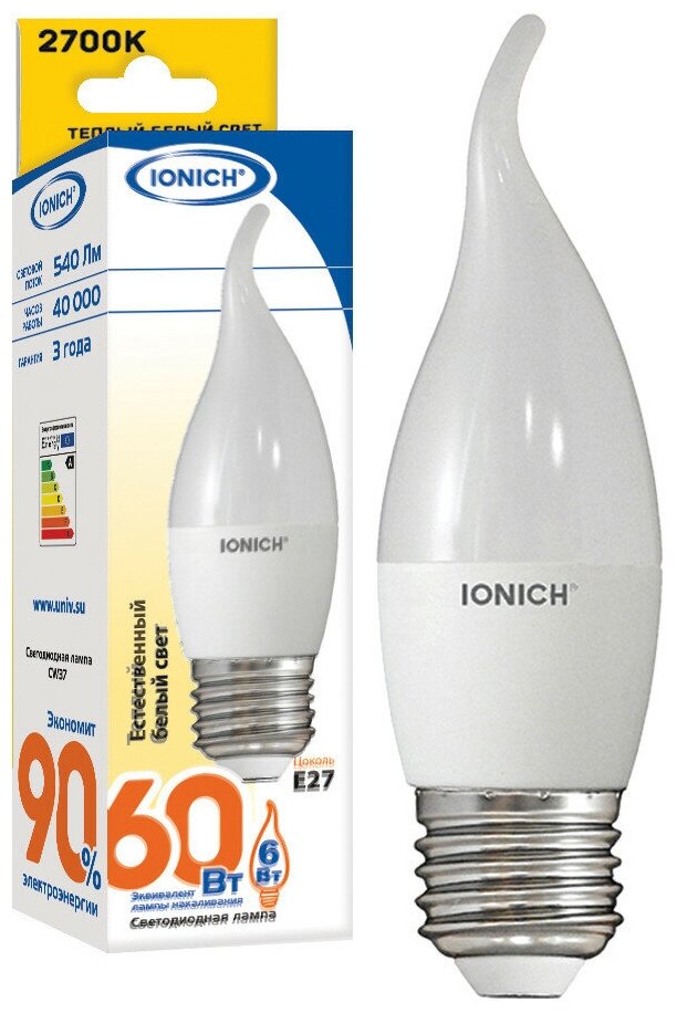 Лампа светодиодная LED свеча на ветру 6W E27 540Лм 2700К 220V IONICH (UNIVersal), арт. 1633