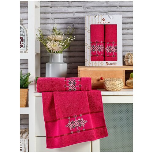 фото Подарочный набор полотенец для ванной 50х90, 70х140 merzuka otantic хлопковая махра бордовый merzuka (турция)