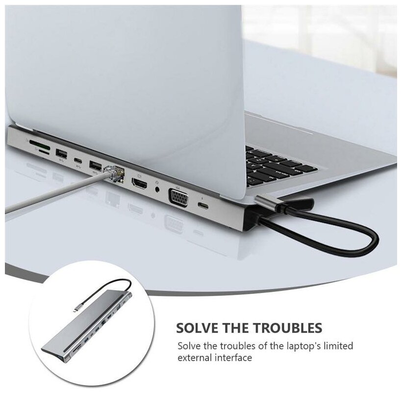 USB Type-C HUB ELfoC LM3123-69-11 Супер-комбайн хаб 11 в 1, концентратор USB3.0x2+USB C Data Function+USB C PD+RJ45+HDMI 4K30Hz+VGA+SD+3.5mm Audio