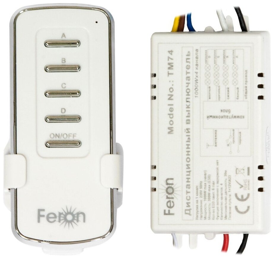 Дистанционный выключатель FERON TM74 230V 1000W 4-х канальный 30м с пультом управления, белый 23263