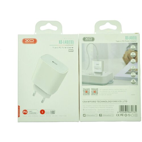 СЗУ XO-L40, 3А, 18Вт, Type-Cx1, быстрая зарядка PD, белое