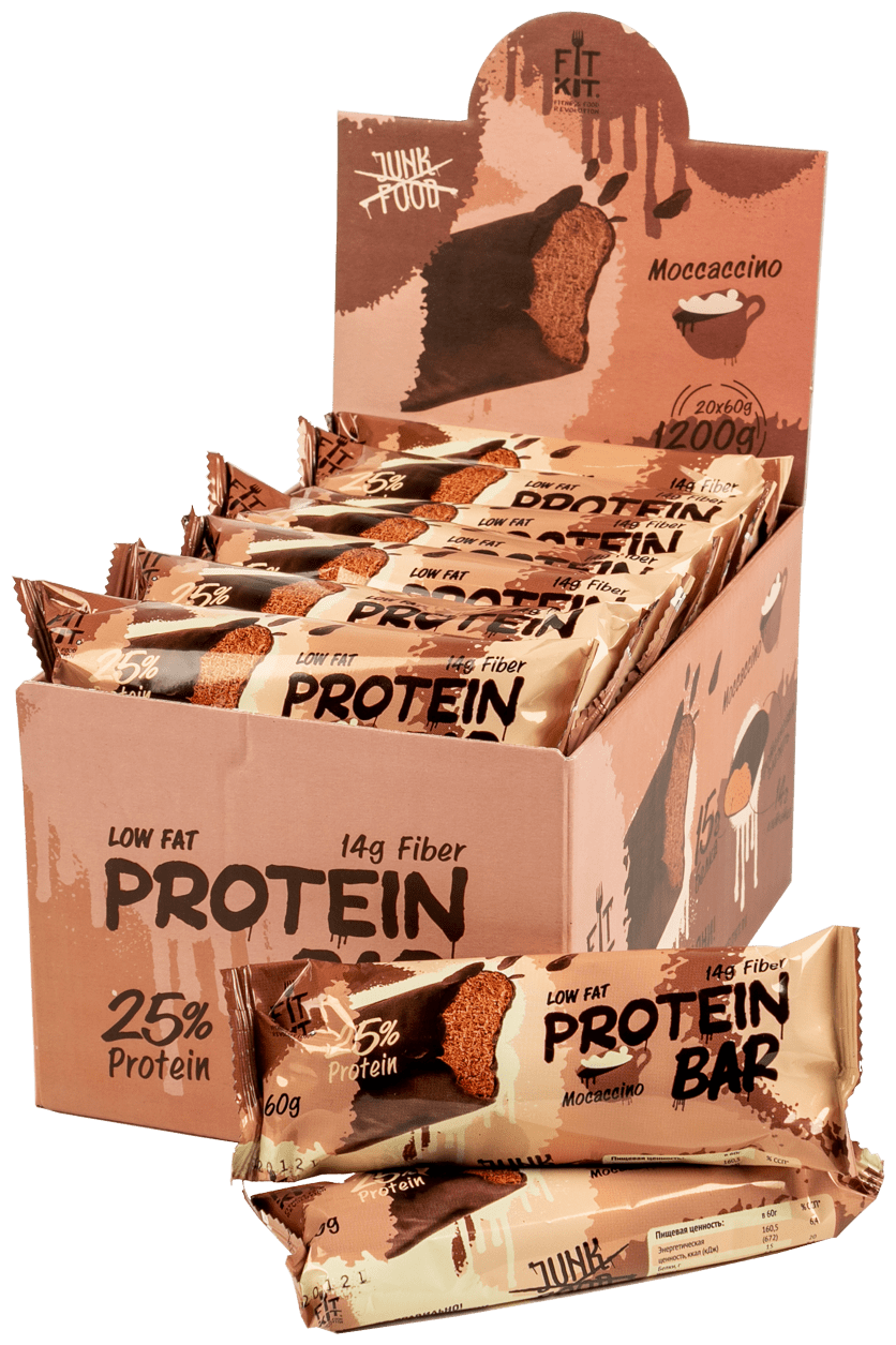 Fit Kit Протеиновый батончик без сахара Protein BAR, упаковка 20шт по 60г (Моккачино)