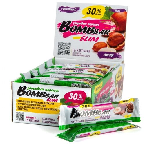 Протеиновый батончик BOMBBAR Slim + Vitamin C и L-carnitine, 1050 г, фундук/арахис протеиновый батончик bombbar slim vitamin c и l carnitine 1050 г клюква годжи гуарана