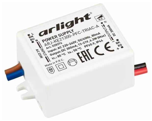 028276 Блок питания ARJ-KE21300-PFC-TRIAC-A (6.3W, 300mA) (Arlight, IP44 Пластик, 5 лет)