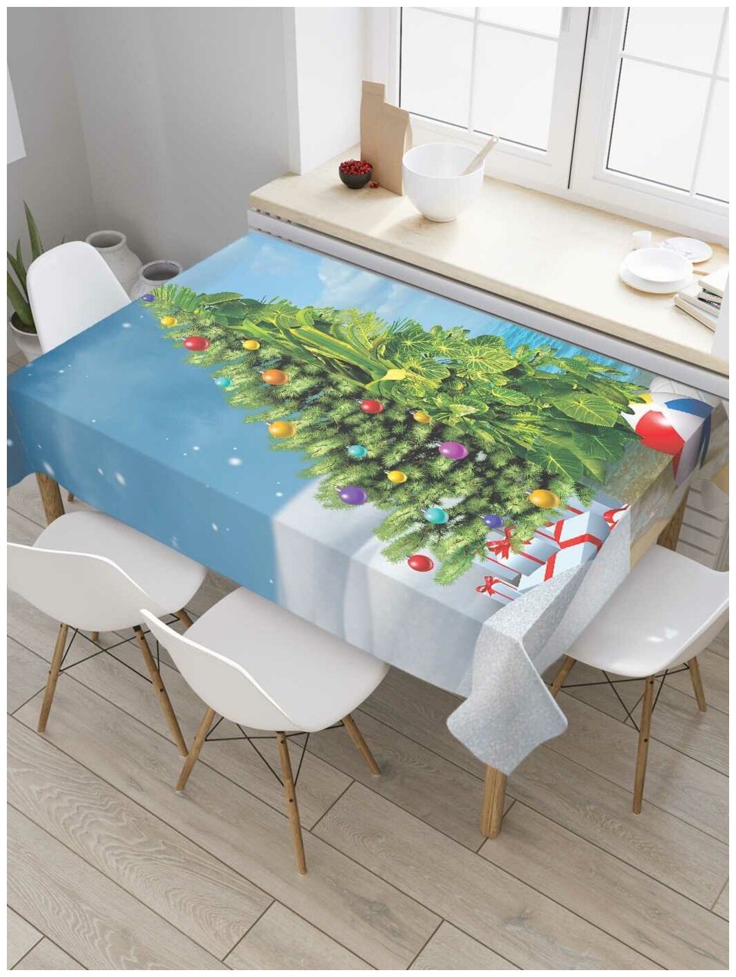 Скатерть прямоугольная JoyArty на кухонный стол "Наряженная елка" из оксфорда, 120x145 см