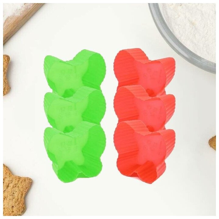 фото Набор силиконовых форм для маффинов и желе "Бабочка", 6 шт, салатовый-красный