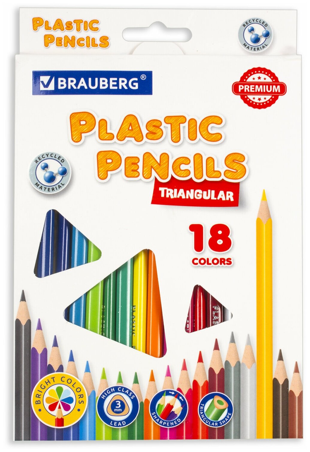 Карандаши цветные Brauberg пластиковые, Premium, 18 цветов, трехгранные, грифель мягкий, 3 мм (181662)