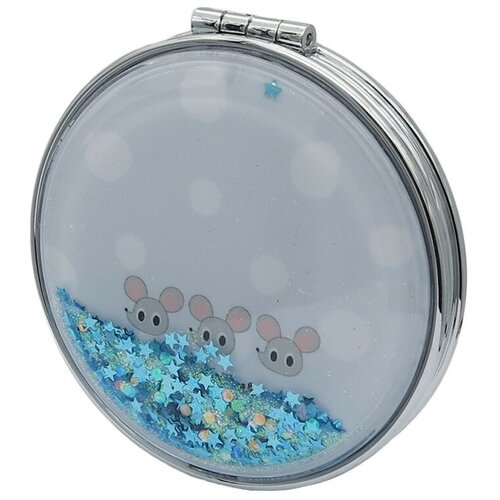 фото Зеркало косметическое "mouse blue", с блестками, складное, круглое михимихи