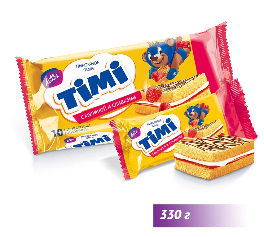 Пирожное бисквитное TIMI с малиной и сливками, 330 г - фотография № 1