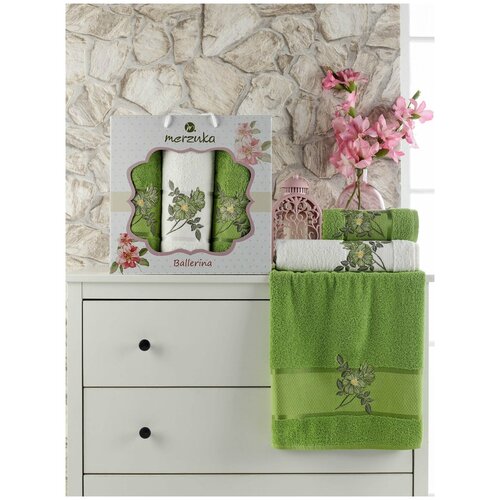 фото Подарочный набор полотенец для ванной 50х90(2), 70х140(1) merzuka ballerina хлопковая махра зеленый merzuka (турция)