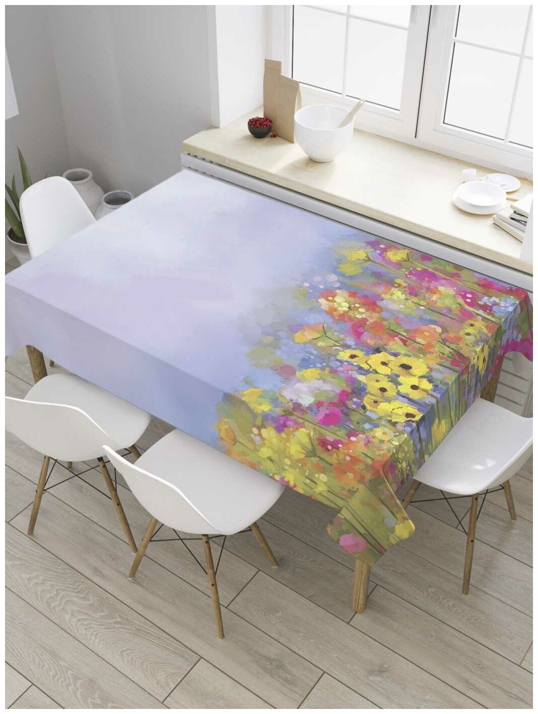 Скатерть прямоугольная JoyArty на кухонный стол "Цветы поднебесья" из оксфорда, 120x145 см