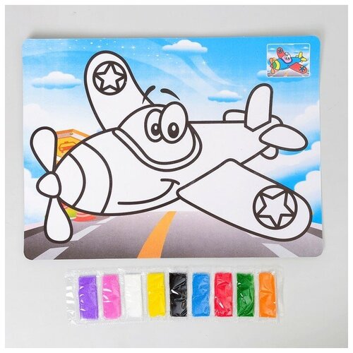 фото Фреска с цветным основанием "самолет" 9 цветов песка по 2 г, клеевое основание, стека в комплекте, ждя детей и малышей лас играс