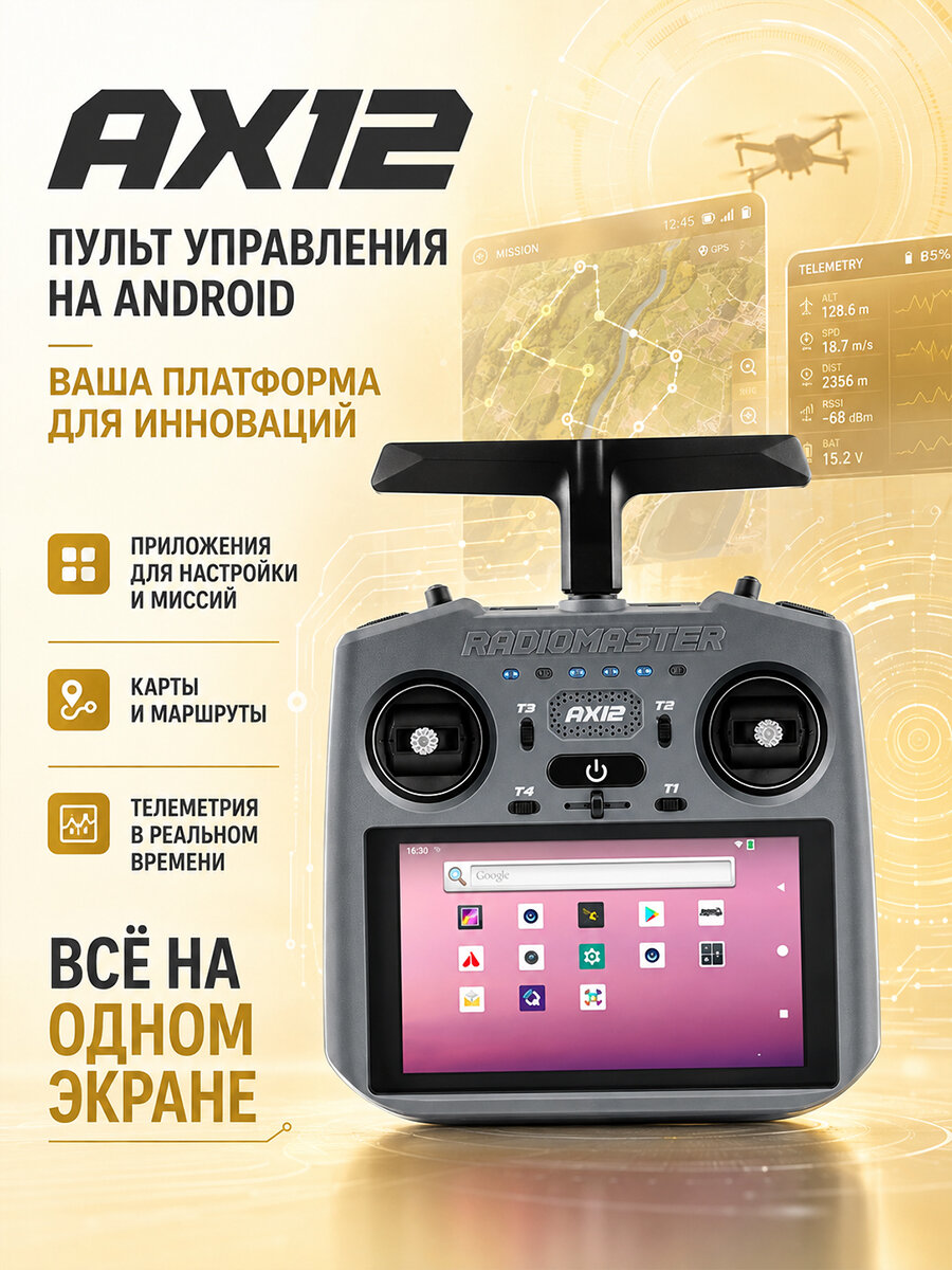 2026 Пульт управления RadioMaster AX12 с ОС Android, встроенный ELRS, экран 5.5" 1000 нит, хольные джойстики для FPV, самолётов и машинок