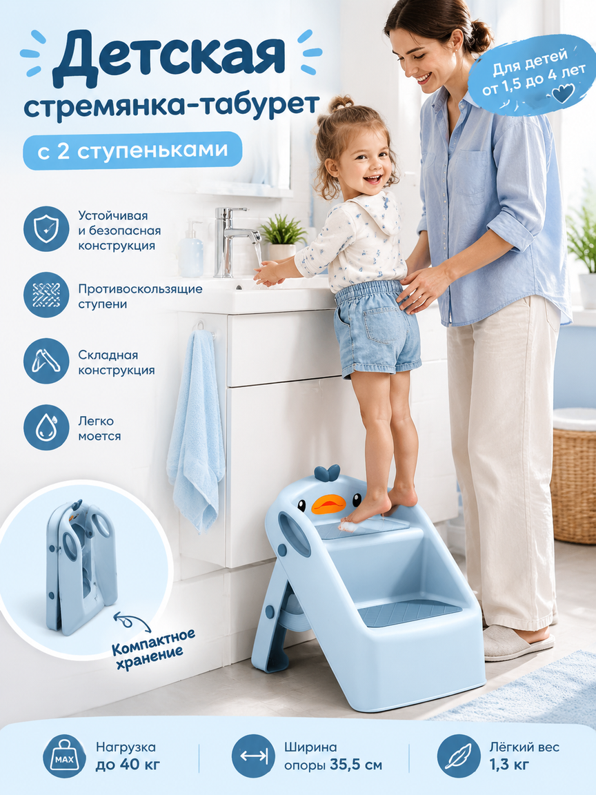 Складная детская стремянка-табурет с 2 ступеньками, ручками и защитой от скольжения, синий, 39,5 см