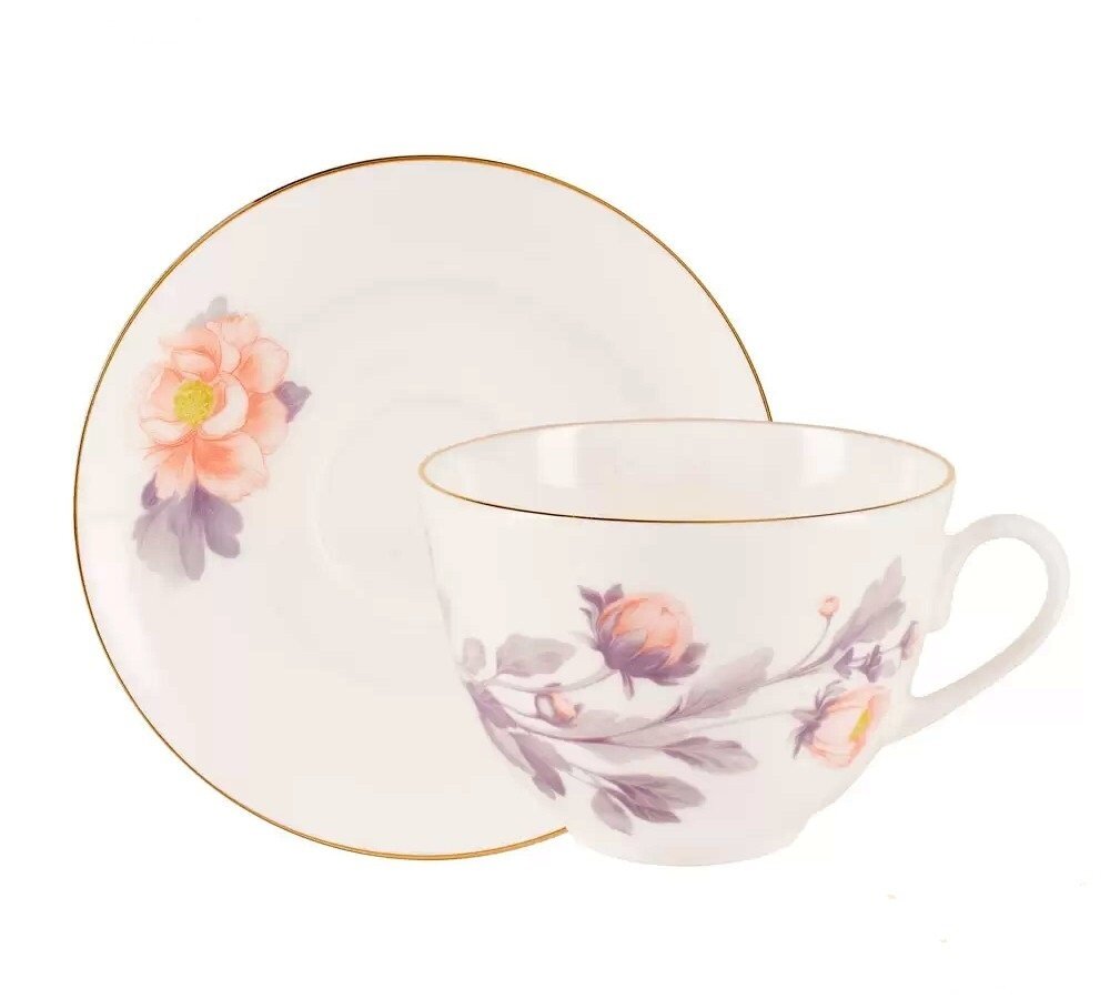 фото Подарочный чайный набор. Императорский фарфоровый завод. Форма "Весенняя-2", рисунок "Нежный пион" серый. Костяной фарфор. 250 мл.