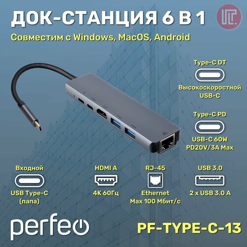 Концентратор USB PERFEO Type-C dock station 6 in 1 PF-Type-C-13 283300₽