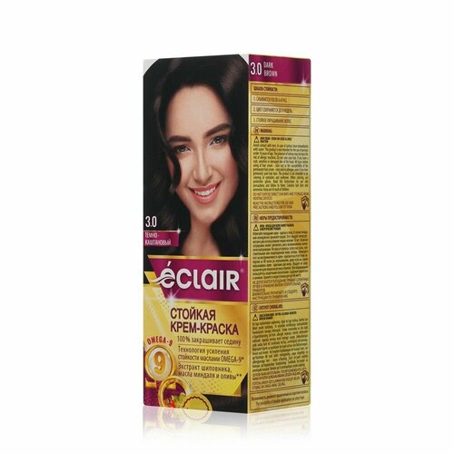 Краска для волос Eclair стойкая с маслами Omega 3, тон 3.0 Темно-каштановый
