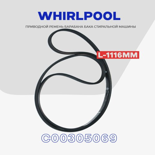 Ремень барабана для стиральной машины Whirlpool 1190/1191 H8 приводной (C00305069) / L - 1116мм ремень для стиральной машины indesit 1191 h8 c00305069