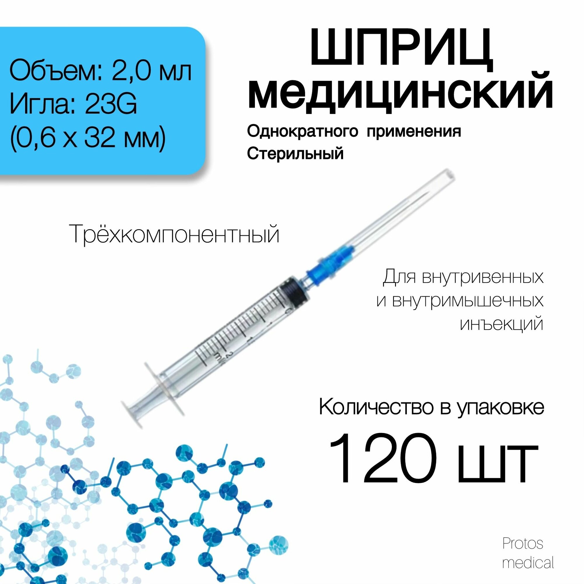 Шприц 2 мл. 23G (игла 0,6х32 мм)/ (120 шт) крепление луер-слип (luer-slip)