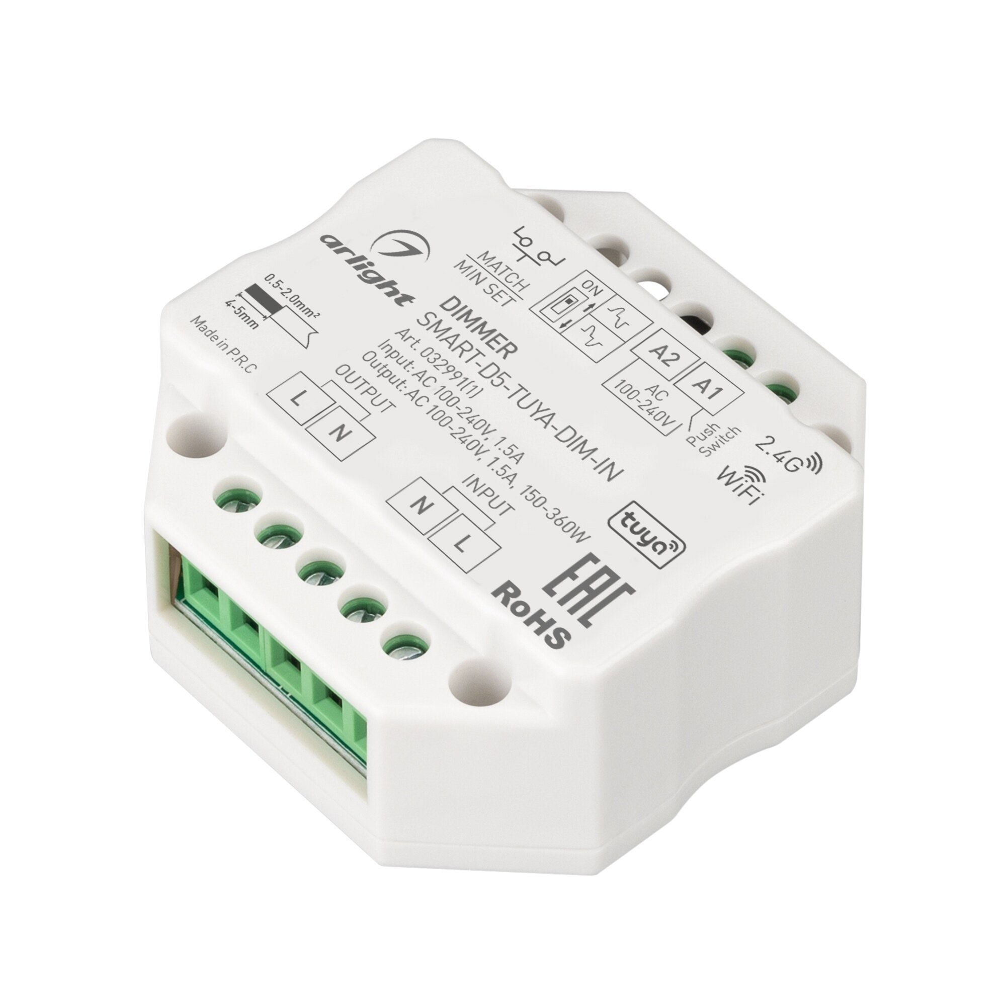 032991(1) Диммер SMART-D5-TUYA-DIM-IN (230V, 1.5A, TRIAC, WiFi, 2.4G) (Arlight, IP20 Пластик, 5 лет)