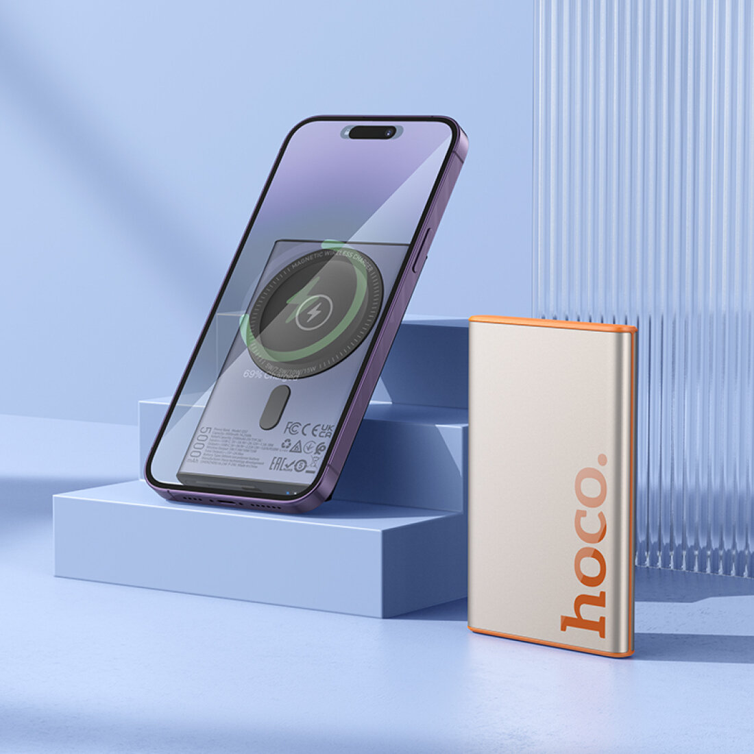 Универсальный Доп. Аккумулятор 5000mAh, Q32, HOCO, 1 PD 20W, беспроводная зарядка (MagSafe), серый — фото 1