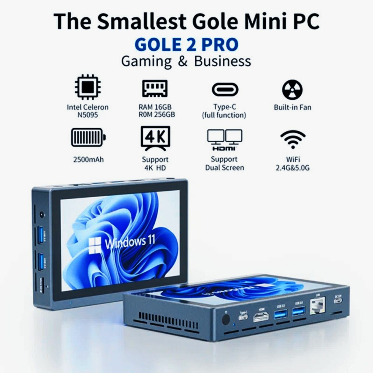 Higole Мини-ПК Gole 2 PRO (Intel Celeron N5095, RAM 16 ГБ, SSD 256 ГБ, Intel UHD Graphics, Windows 11 Pro), темно-серый