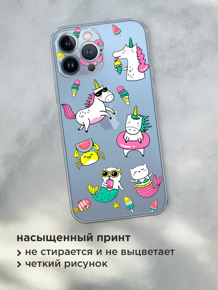 Чехол на Apple iPhone 13 Pro Max / Айфон 13 Про Макс с принтом "Единороги в отпуске", прозрачный — фото 1