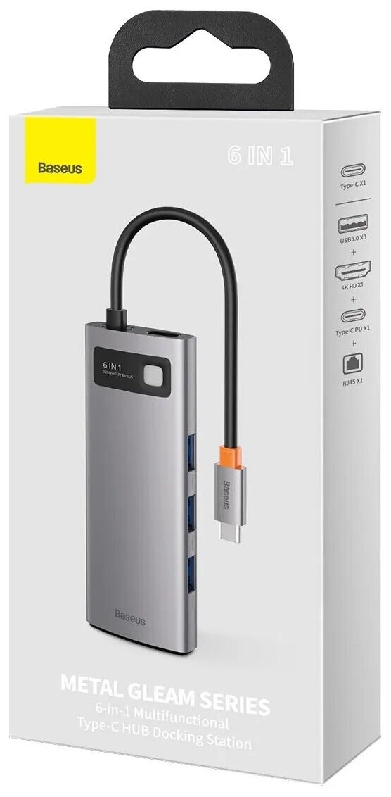 Хаб / Многофункциональный концентратор Baseus Metal Gleam 6в1 USB Type C - Мощность USB Type C 100 Вт / HDMI 4K 30 Гц / 3x USB 3.2 Gen 1 / RJ45 1 Гбит/с (CAHUB-CW0G)