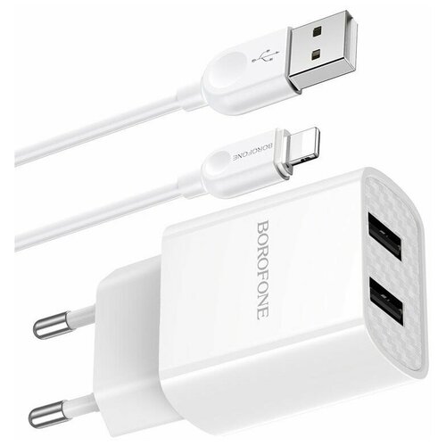 СЗУ USB 2.1A 2 USB порт BOROFONE BA53A Powerway кабель Lightning 8Pin белый зарядное устройство borofone ba48a orion один порт usb 5v 2 1a белый