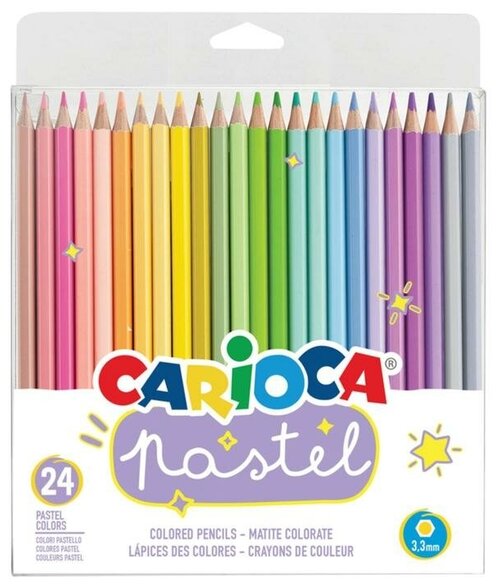 Карандаши 24 цвета Carioca Pastel, пастельная палитра, 3.3 мм, шестигранные, деревянные, блистер, европодвес