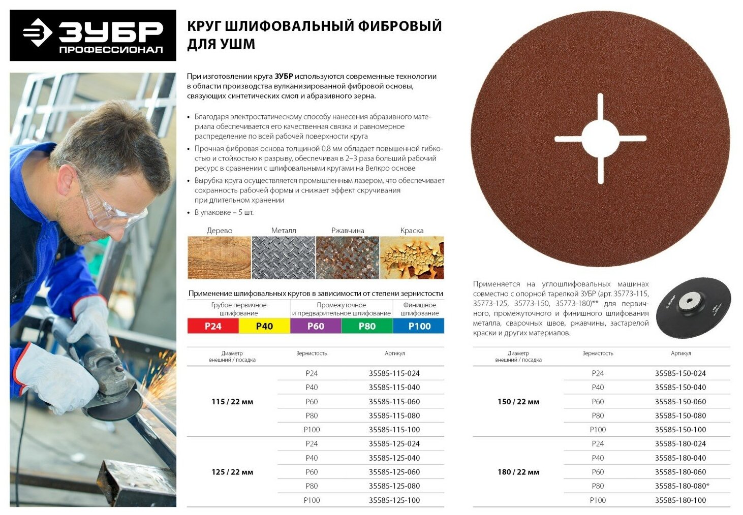 Круг шлифовальный фибровый, для УШМ, P40, 125х22мм, 5 листов ЗУБР "ПРОФИ" - фотография № 2