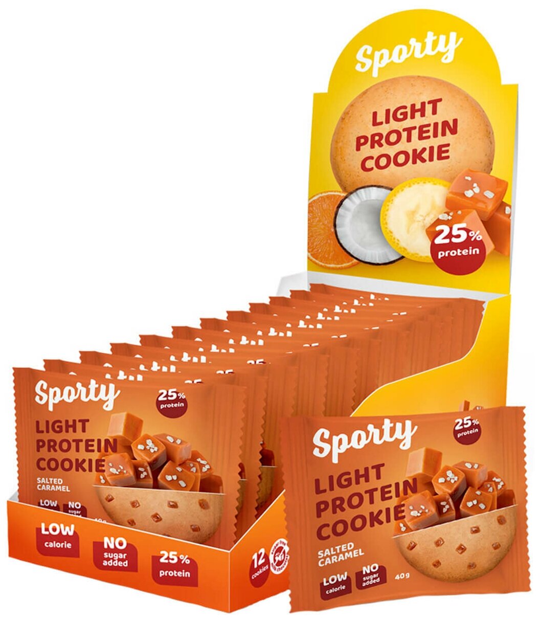 SPORTY Печенье SPORTY Protein Light без сахара "Соленая карамель", 12шт*40г, SPORTY - фотография № 1