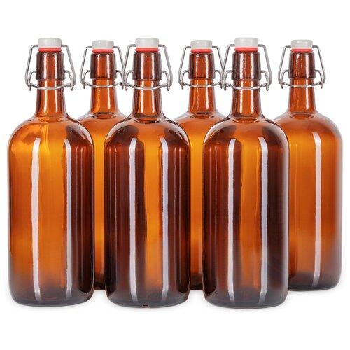Бутылка стеклянная с бугельной пробкой KHome, темная, 1 литр, 6 штук