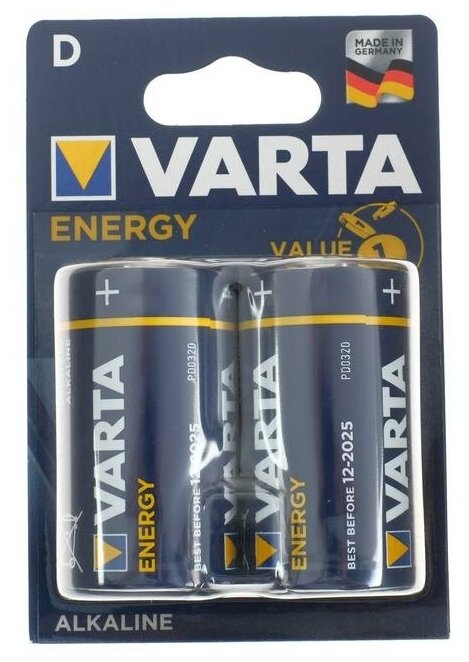 Батарейка алкалиновая Varta Energy, D, LR20-2BL, 1.5В, блистер, 2 шт.