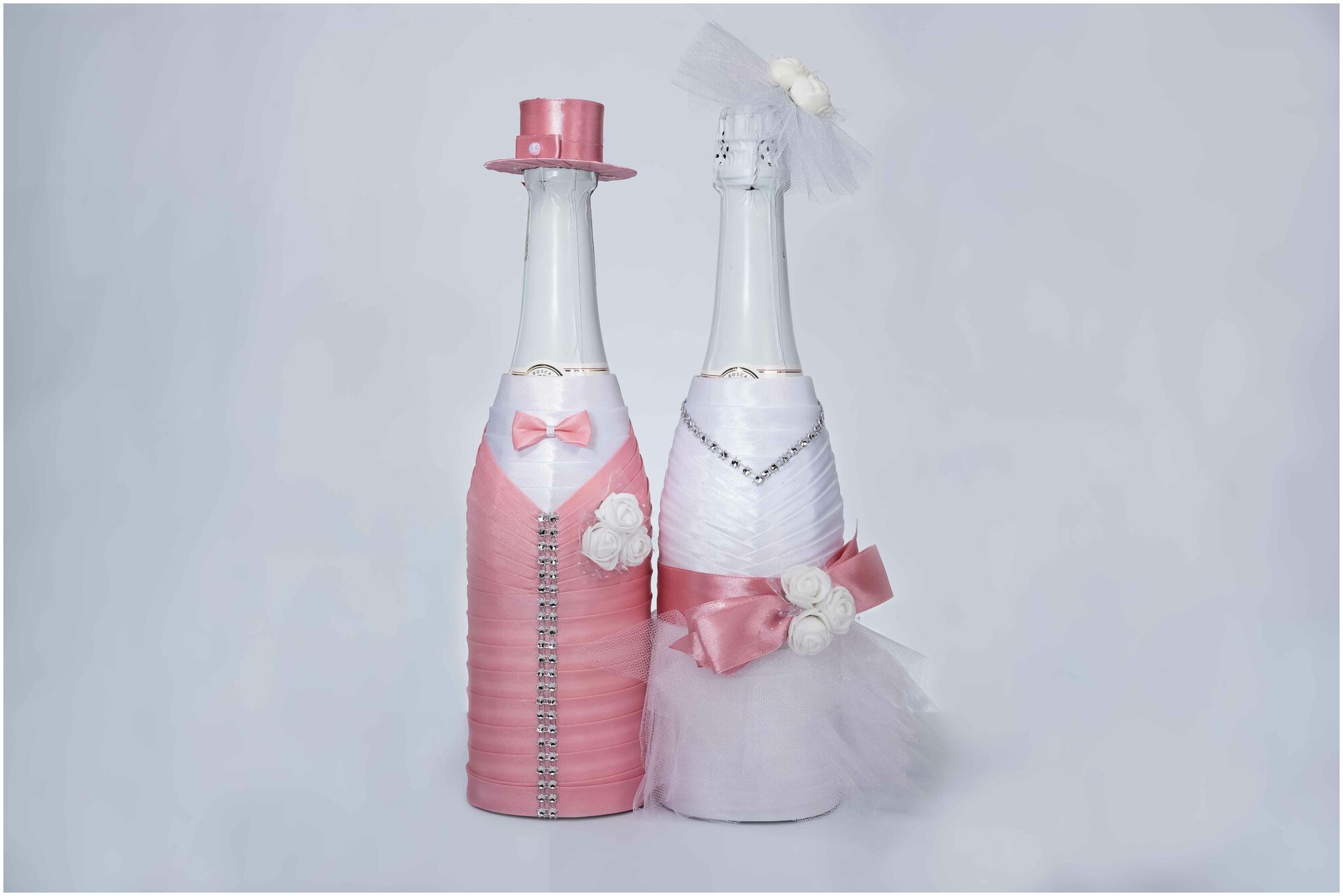 Украшение на свадебное шампанское "Шарм" цвета пыльной розы / Украшение на свадебные бутылки молодоженов