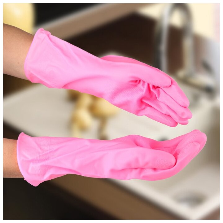 Перчатки хозяйственные защитные Доляна суперрпрочные размер L ПВХ 85 гр цвет розовый