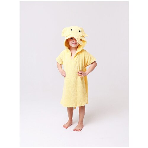 фото Мягкий махровый халат-пончо с дизайном слоник, детский махровый халат, детская пижама, махровая мама, размер 5-6, рост 110-116