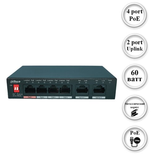 Сетевой коммутатор POE DAHUA DH-S1500C-4ET2ET-DPWR 4100mb POE 2100mb 412000₽
