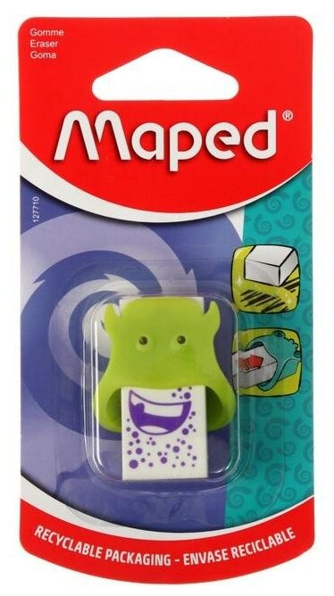 Ластик MAPED Little Monster, 65х12,5х18мм, пластиковый футляр в виде монстра, ассорти, блистер,127710