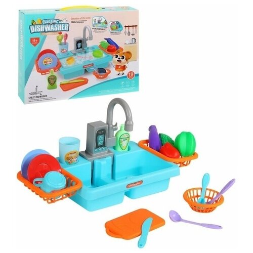 Детская кухня, раковина для мытья посуды, включение и выключение воды, с краном и аксессуарами, 19 предметов, размер - 25,5х18х20 см.