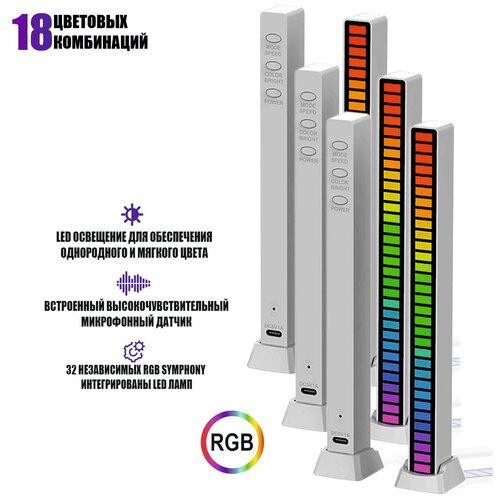 Светодиодная подсветка RGB D082 эквалайзер для музыки, белый, 3 шт.