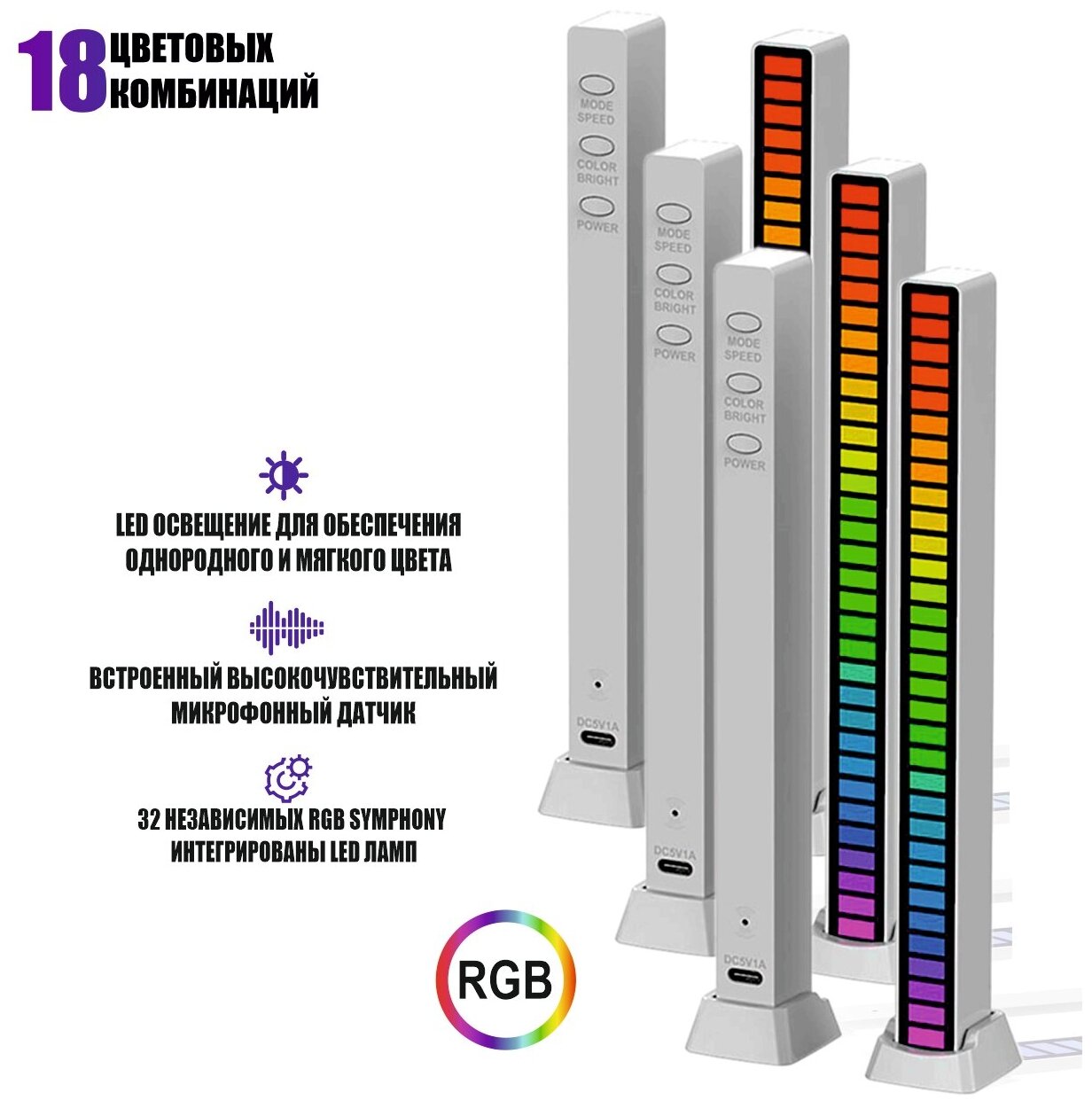 Светодиодная подсветка RGB D082 эквалайзер для музыки, белый, 3 шт. - фотография № 1