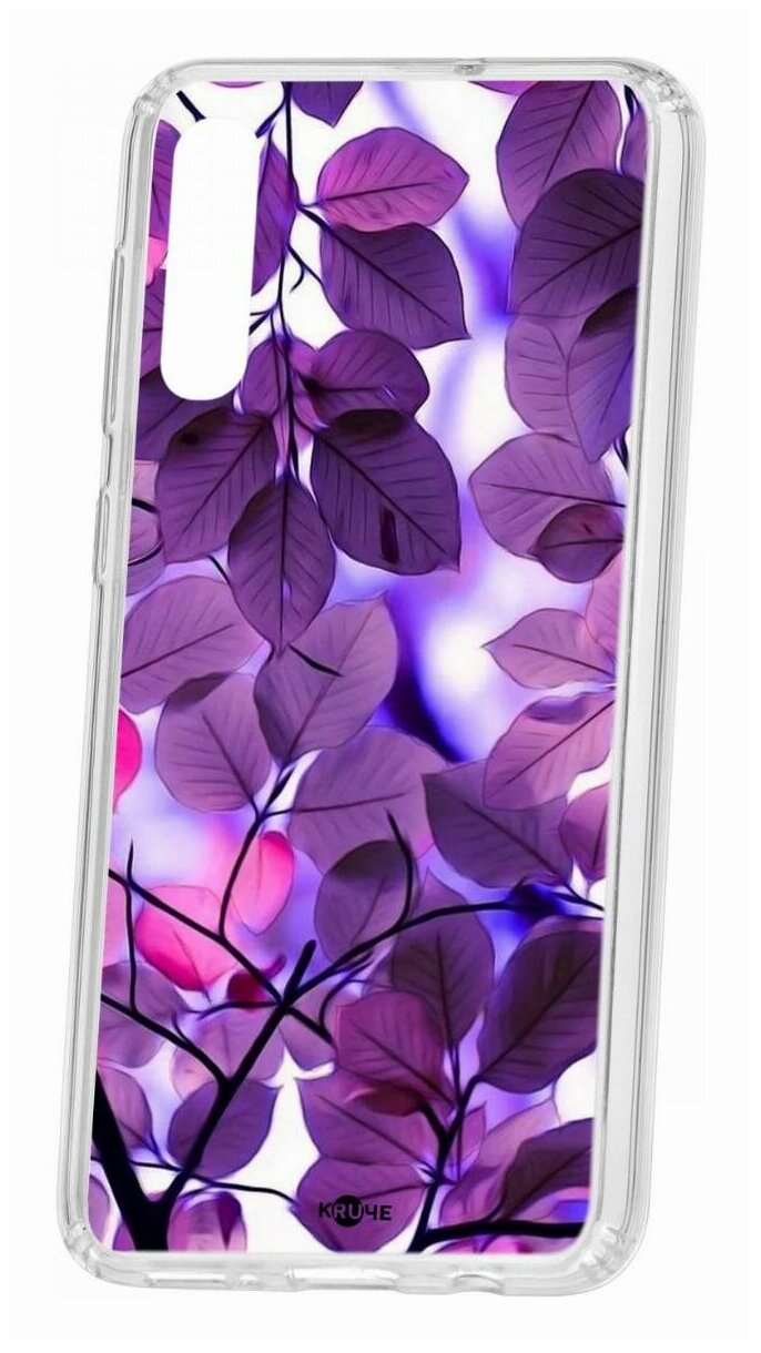 Чехол для Samsung Galaxy A50/A50S/A30S Kruche Print Purple leaves, пластиковая накладка, силиконовый бампер с защитой камеры, прозрачный с рисунком